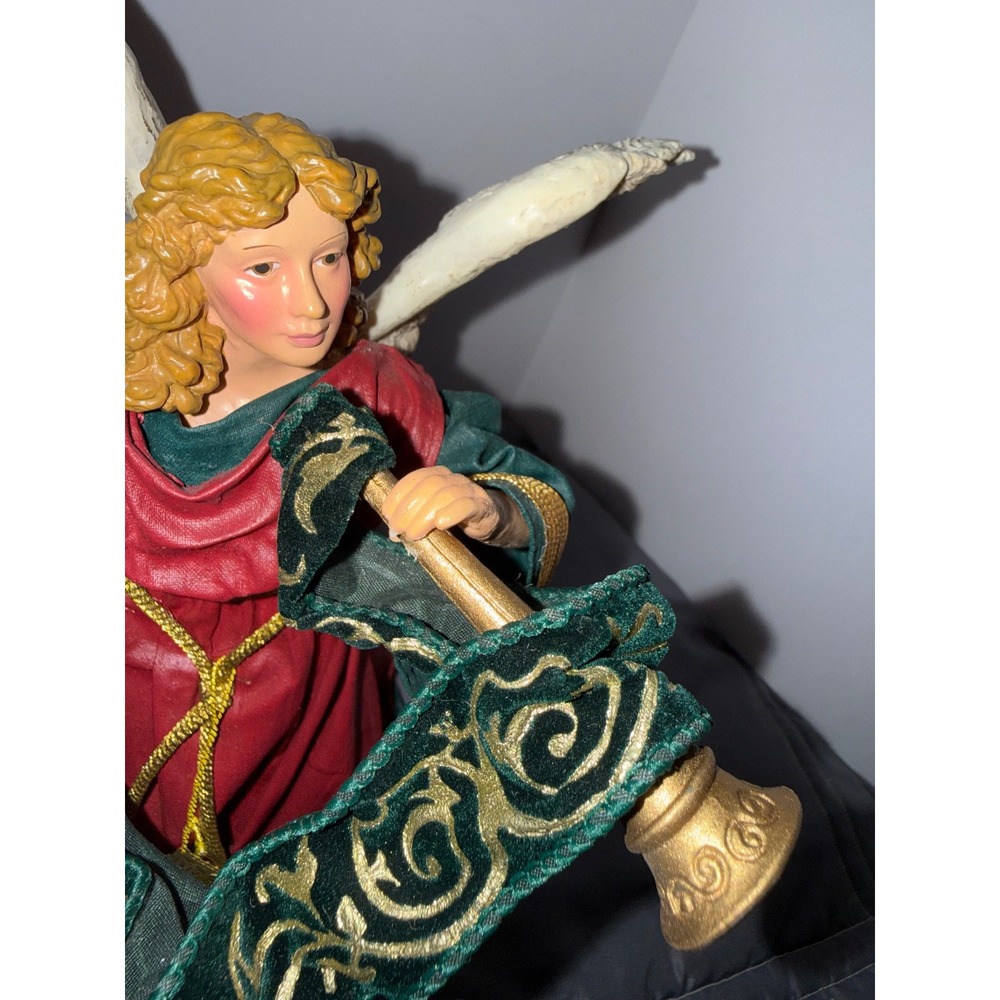 Spirit of Christmas Angels Fabric Mache Figurine Burgundy Green Gold Trumpet Box